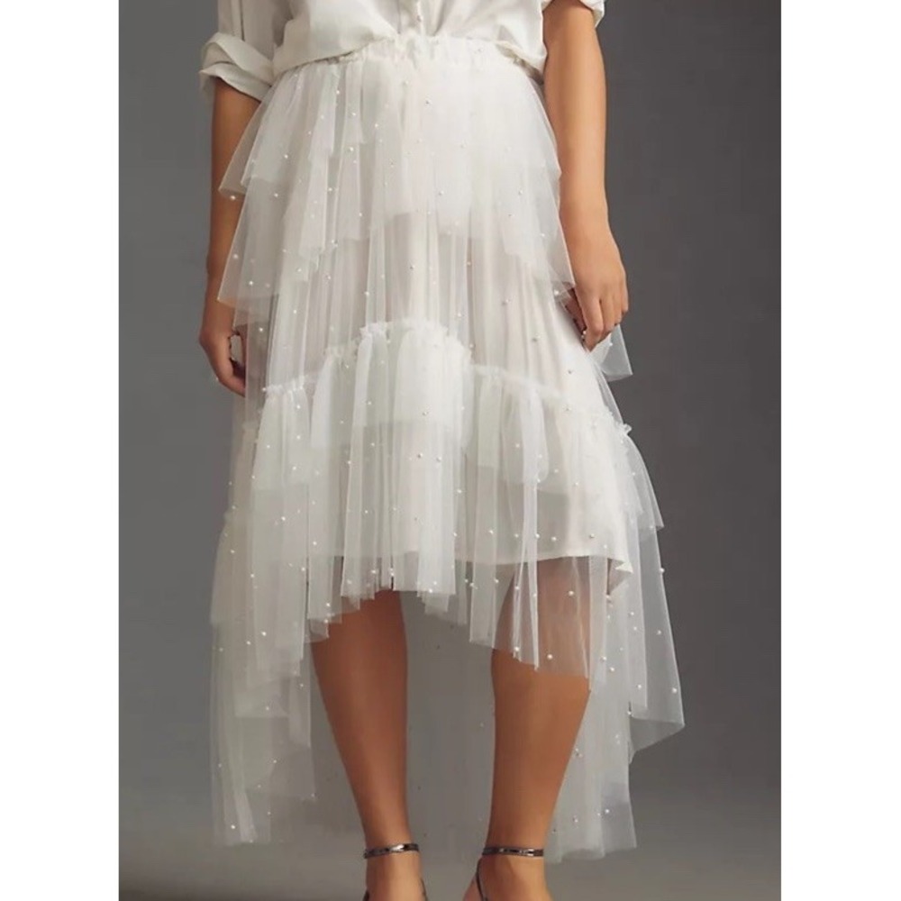 Maeve by Anthropologie White Tulle Pearl Layered Midi Skirt Elastic Waist M